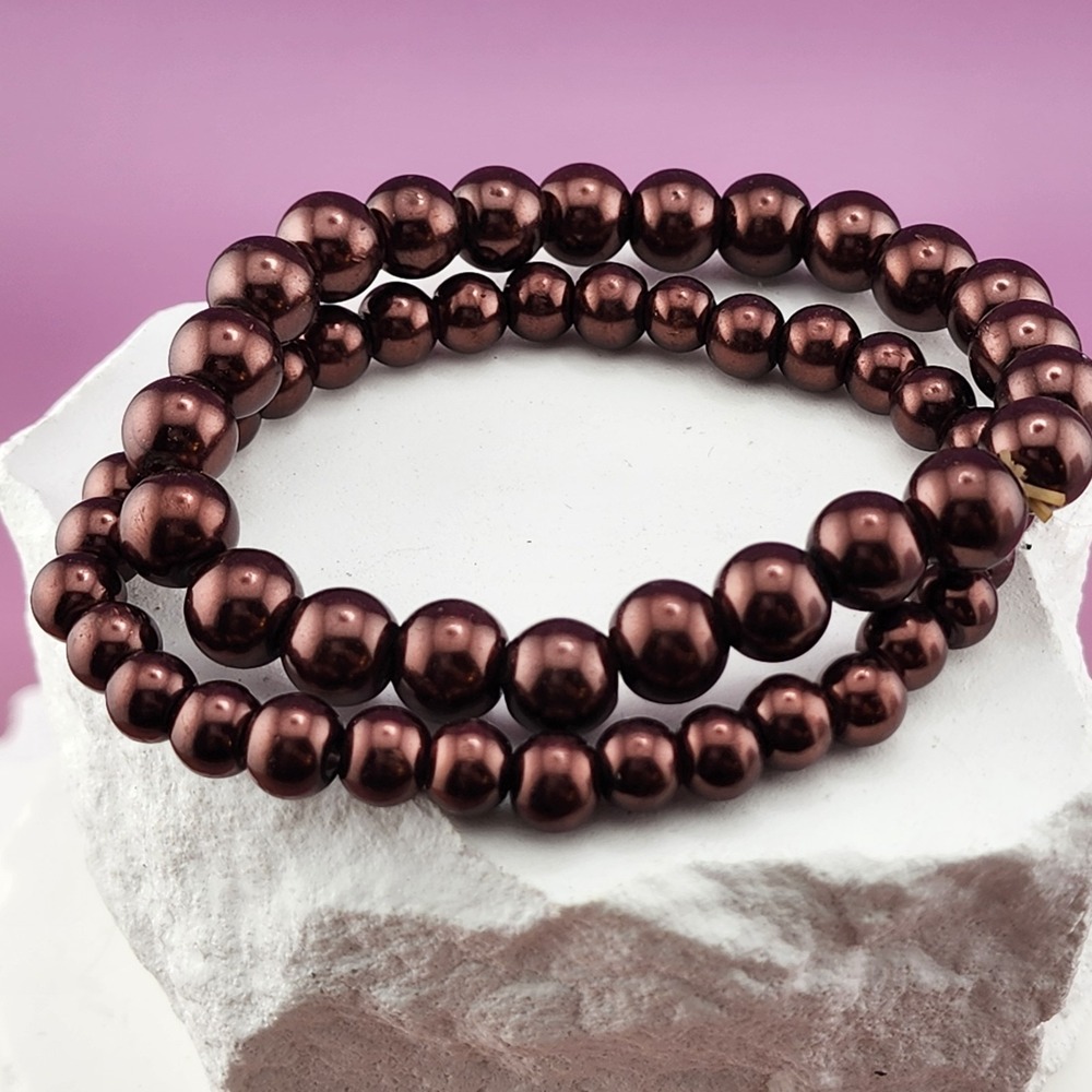 Bronze Tone Brown Pearl Double Strand Memory Wire Bracelet Statement Jewelry